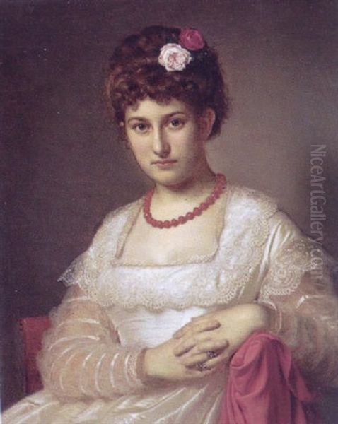 Portraet Af Maria Puggaard I Hvid Kjole Med Blonder, Koralhalskaede Og Roser I Haret Oil Painting by Henrik Olrik