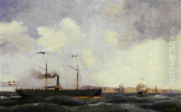 Marine Med Den Danske Damper -randers- Samt Sejlskibe Oil Painting by Carl Julius Emil Olsen