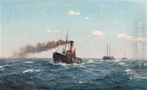 Steamtug With Two Barges In Oresund Oil Painting by Christian Benjamin Olsen