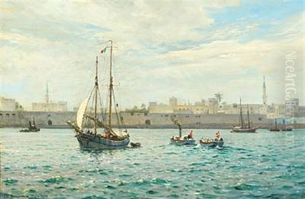 Scene From The Port In Tripoli With Launches Under Danish Flag Oil Painting by Christian Benjamin Olsen