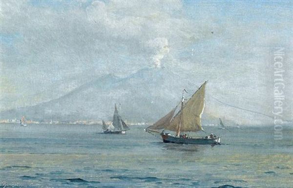 Marine Med Sejlskibe, I Baggrunden Aktive Vesuv Oil Painting by Christian Benjamin Olsen