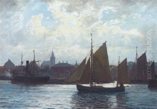 Sejl-og Motorskibe Ved Indsejlingen Til Assens Havn Oil Painting by Christian Benjamin Olsen