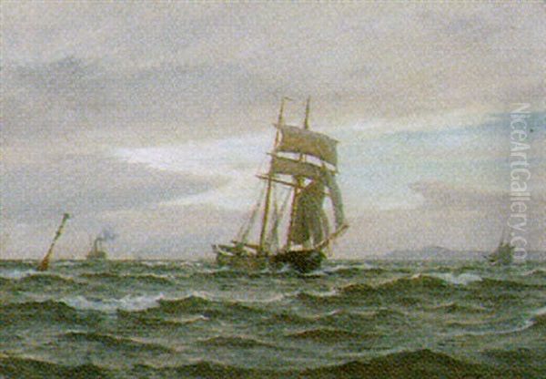 Marine Med Flere Sejl Og Motorskibe I Sundet Oil Painting by Christian Benjamin Olsen