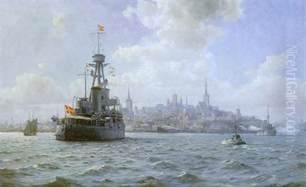 Orlovsskibet Niels Juel, Udfor Reval Oil Painting by Christian Benjamin Olsen