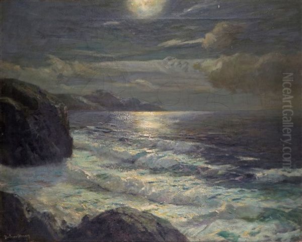 Moonlit Waves On The Shore Oil Painting by Julius Olsson