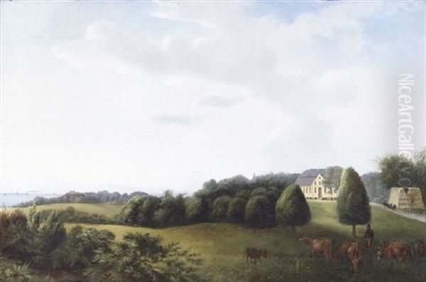 Kokkedal Ved Rungsted, I Forgrunden Bonde Med Koer, I Horisonten Udsigt Til Havet Oil Painting by Peter Olsted