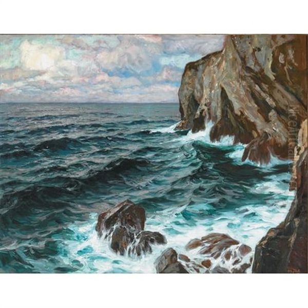 Waves Breaking On The Cliffs Oil Painting by Carl (Karl, Charles) O'Lynch of Town