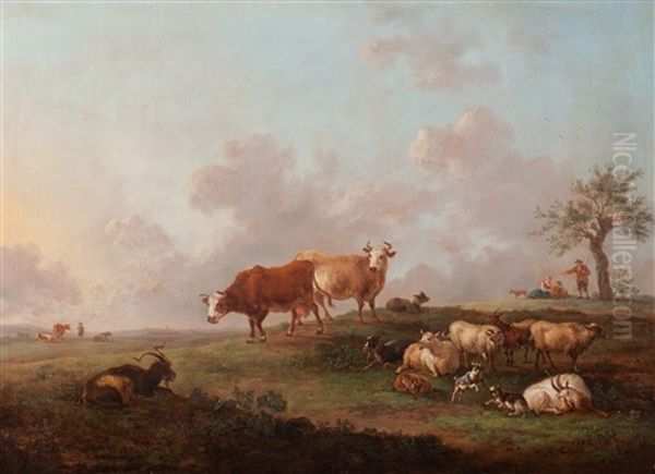 Resting Shepherd With Cattle In A Wide Landscape Oil Painting by Balthasar Paul Ommeganck