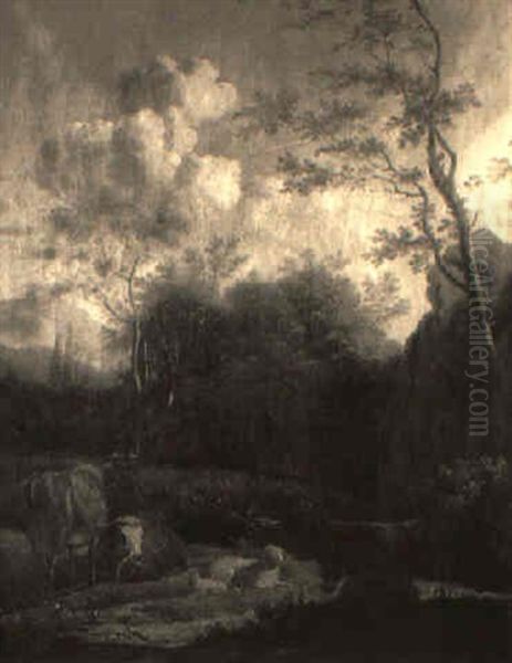 Wooded Landscape With Cattle, Sheep And Donkey In Foreground Oil Painting by Balthasar Paul Ommeganck