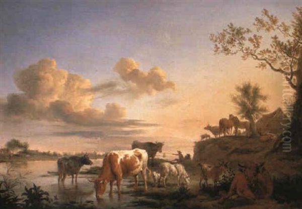 Cattle And Sheep On A Riverbank Oil Painting by Balthasar Paul Ommeganck