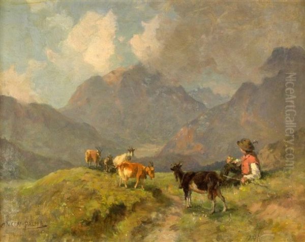 Alpine Landscape With A Boy Herding Goats Oil Painting by Maria Onken-Palme