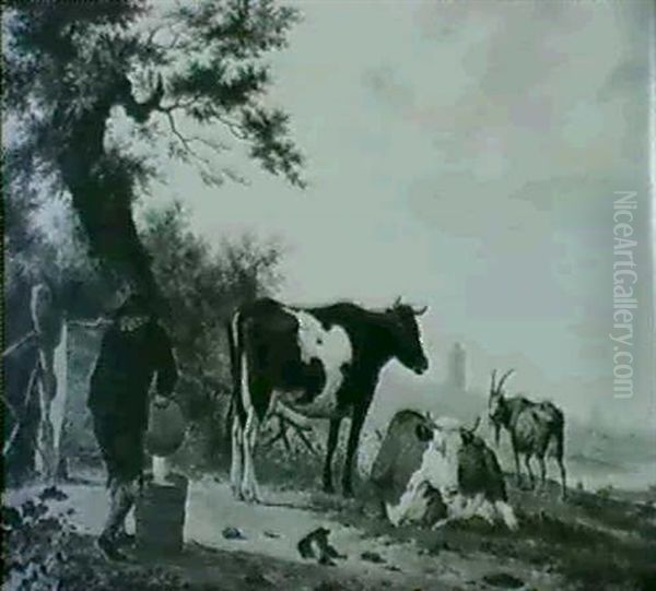 A Herdsman Stading Beside His Cattle In A Riverside Pasture Emptying Milk Into A Pail Oil Painting by Hendrik Van Oort
