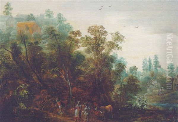 A Landscape With Drovers On A Wooded Path, A Hilltop Village And A Cottage Beyond Oil Painting by Isaac Van Oosten