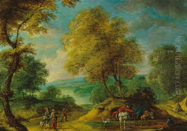 Bewaldete Flusslandschaft Mit Rastenden Bauern Und Maultieren Oil Painting by Isaac Van Oosten