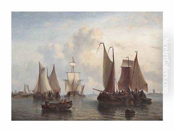A Busy Day On The Estuary Oil Painting by George Willem Opdenhoff