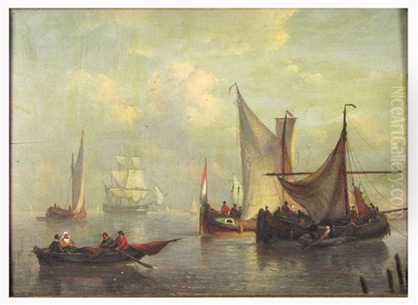 Untitled (busy Harbor With Sailing Vessels) Oil Painting by George Willem Opdenhoff