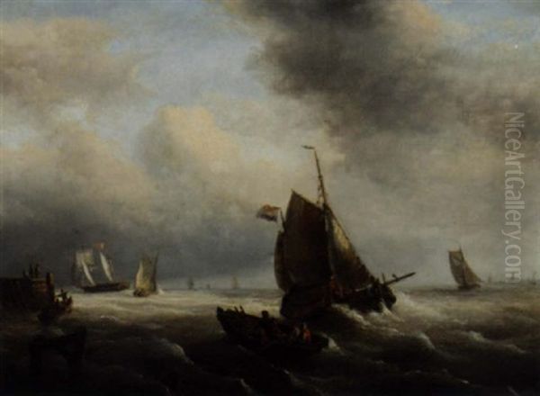 Sailing Vessels And Rowing Boats Near The Coast Oil Painting by George Willem Opdenhoff