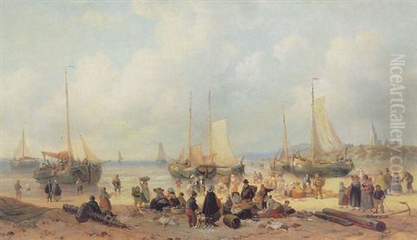 Fisherfolk Sorting The Catch Oil Painting by George Willem Opdenhoff