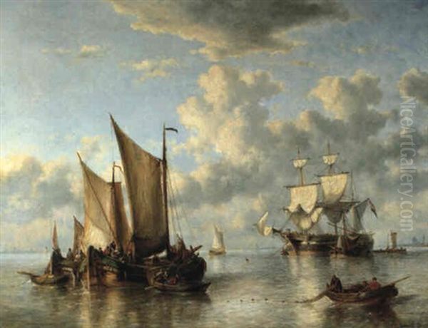 Zeilboten Op Een Kalme Zee Oil Painting by George Willem Opdenhoff