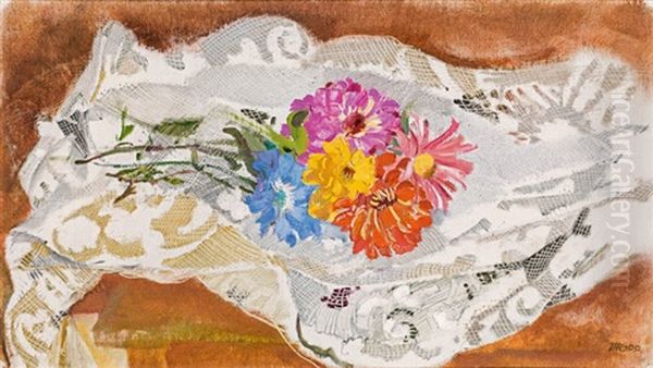 Still Life With Flowers And Lace Doily Oil Painting by Max, Mopp Oppenheimer