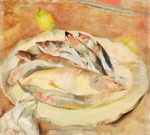 Stilleben Mit Fischen Und Zitrone Oil Painting by Max, Mopp Oppenheimer