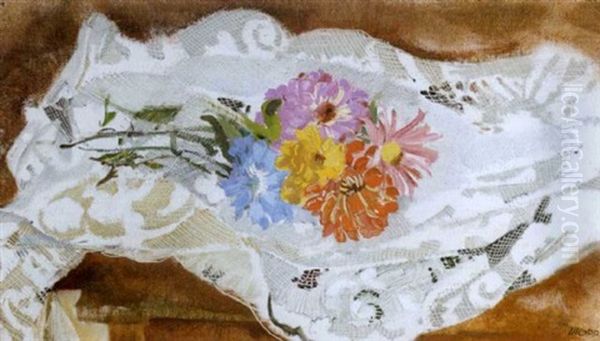 Flowers On A Lace Cloth Oil Painting by Max, Mopp Oppenheimer