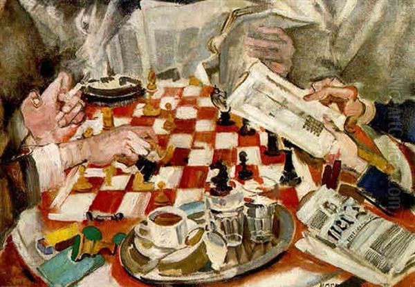 A Game Of Chess Oil Painting by Max, Mopp Oppenheimer