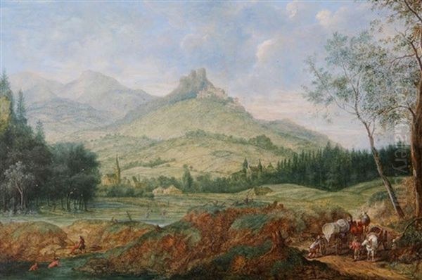 Paysage Accidente Anime De Baigneurs Dans Une Riviere, Un Village A L'arriere-plan Oil Painting by Josef Orient