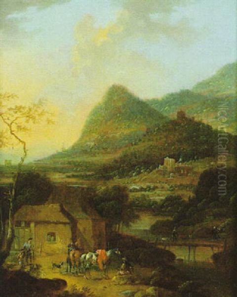 Gebirgige Landschaft Mit Rastendem Reiter Vor Einem Bauengehoft Oil Painting by Josef Orient