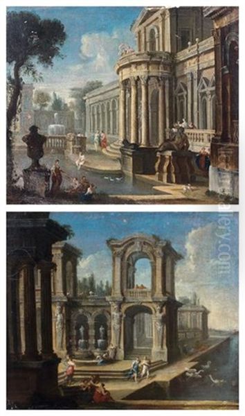 Caprices Architecturaux: Femmes Se Reposant Au Bord D'un Bassin Devant Un Palais Classique - Cygnes Dans Un Bassin Devant Un Palais Classique (pair) Oil Painting by Stefano Orlandi