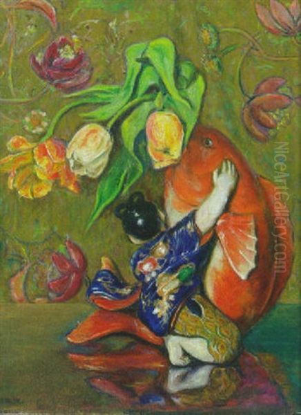 Tulpen In Einer Figurlichen Japanischen Keramikvase Oil Painting by Emil Orlik