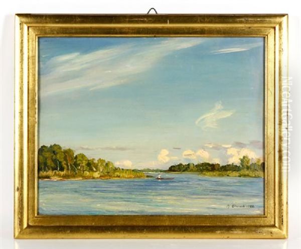 Lake View With Boat Oil Painting by Mario Ornati