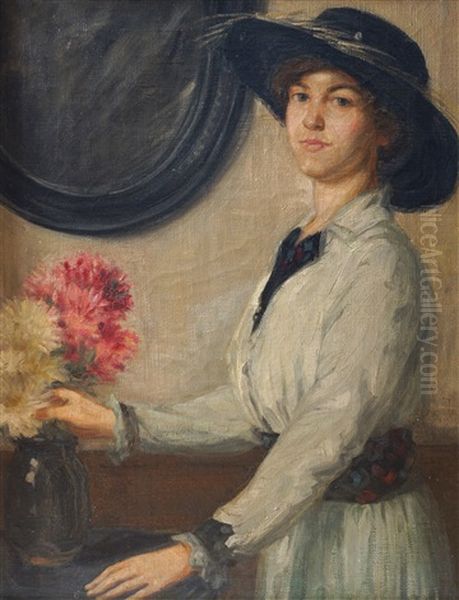 Portrait Of A Young Girl In An Interior Arranging Flowers Oil Painting by Sir William Newenham Montague Orpen
