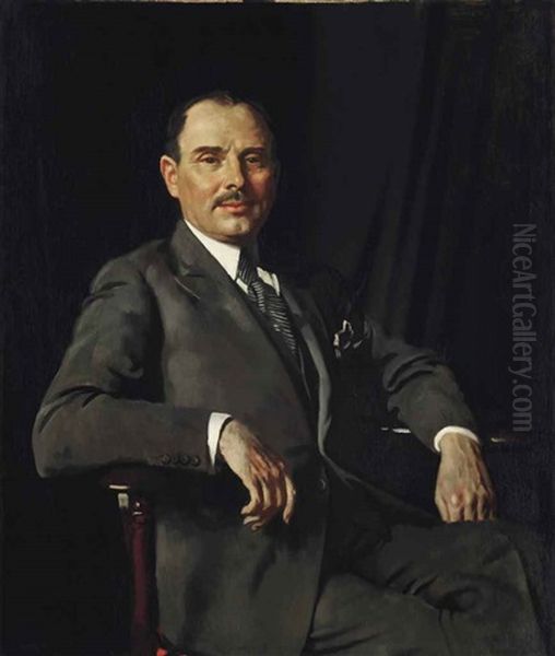 Portrait Of Sir Louis Bernhard Baron, Seated Three-quarter Length In A Grey Suit Oil Painting by Sir William Newenham Montague Orpen