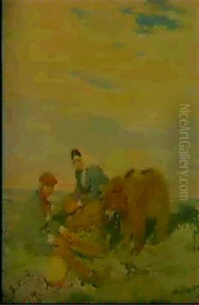 George, Edith And The Bear Oil Painting by Sir William Newenham Montague Orpen