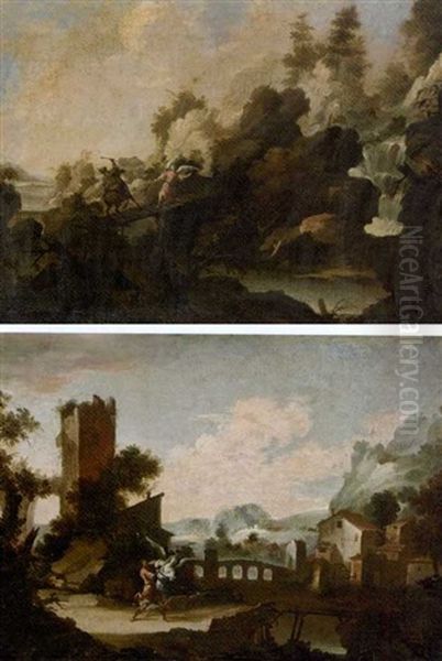 A Rocky River Landscape With Balaam And The Angel (+ A Mountainous River Landscape With Jacob Wrestling The Angel; Pair) Oil Painting by Pedro Orrente