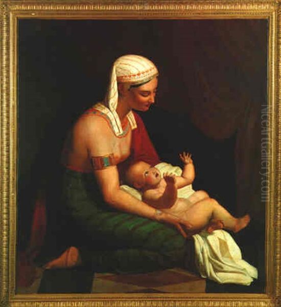 Jeune Servante Egyptienne Agenouillee Tenant Dans Ses Bras Moise Sauve Des Eaux Oil Painting by Andre Jacques Victor Orsel