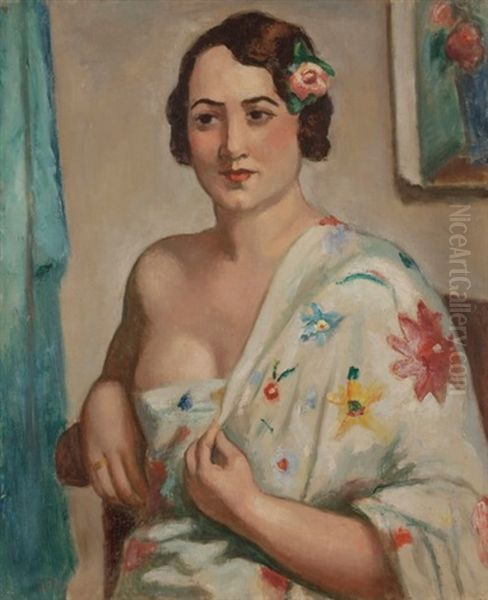 Femme En Buste Au Drape Fleuri Oil Painting by Manuel Ortiz De Zarate
