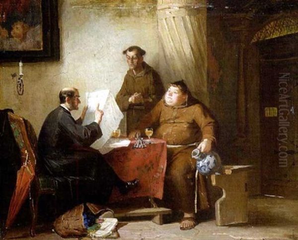 Ein Priester Und Zwei Monche Beim Zeitungsstudium Oil Painting by Friedrich Ortlieb