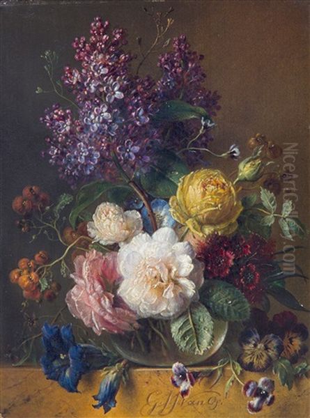 A Still Life Of Roses, Lilacs, Sweet William And Other Flowers In A Vase On A Marble Ledge Oil Painting by Georgius van Os
