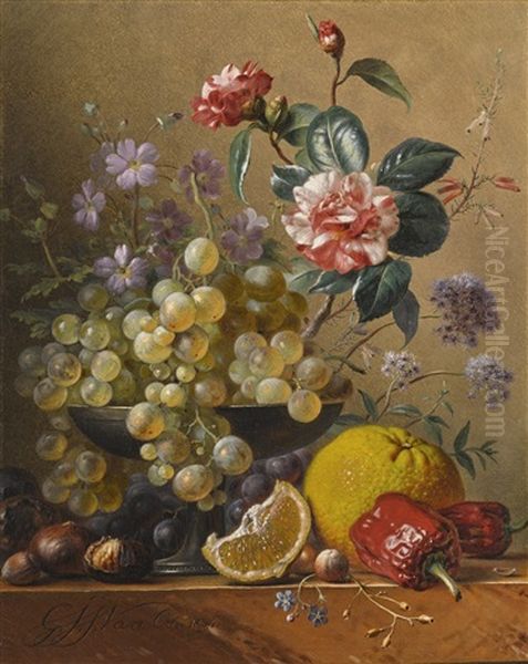 Still Life With A Camelia Spray, Cornflowers And Grapes In A Silver Bowl, With Nuts, An Orange And Red Peppers, All On A Marble Ledge Oil Painting by Georgius van Os