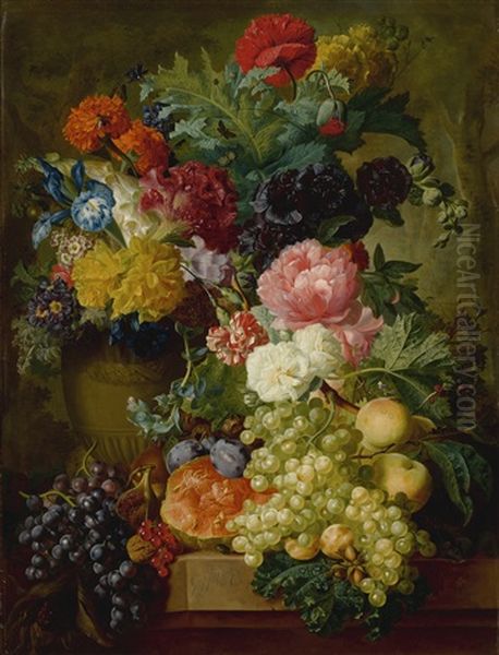 Elaborate Still Life Of Flowers And Fruit Resting On A Stone Ledge, A Wooded Landscape Beyond Oil Painting by Georgius van Os