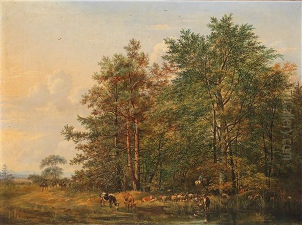Herd Of Animals And Shepherd By A Woodland Pond Oil Painting by Georgius van Os