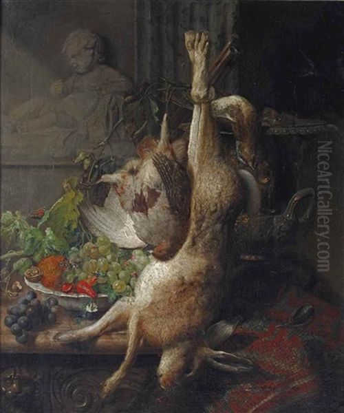 Grapes, A Walnut And An Orange In A Porcelain Bowl, With Game On A Partially Draped Marble Table Oil Painting by Georgius van Os