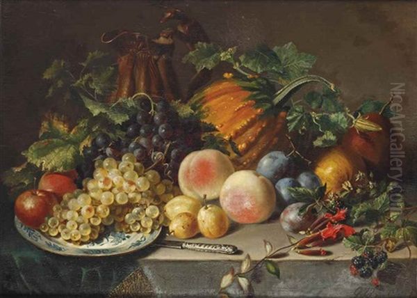 An Abundant Fruit Still Life With Grapes, Apples, Peaches, Prunes And A Pumpkin Oil Painting by Georgius van Os
