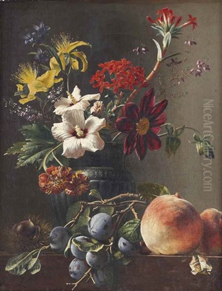 Bellflowers, Dahlias, Hypericum And Other Flowers In A Vase, With A Chestnut, Prunes And Peaches On A Ledge Oil Painting by Georgius van Os