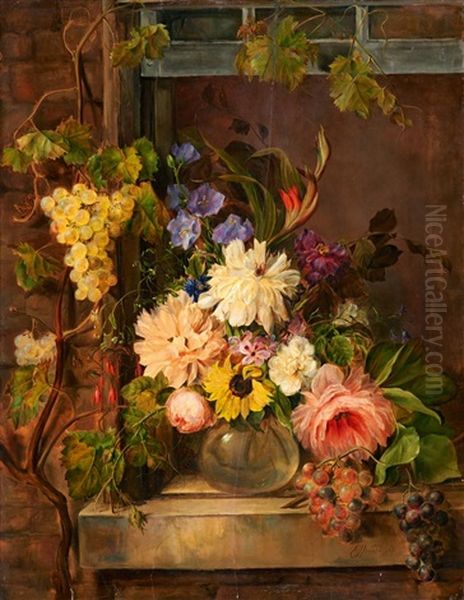 Groses Stillleben Mit Sommerblumen Und Weintrauben Oil Painting by Georgius van Os