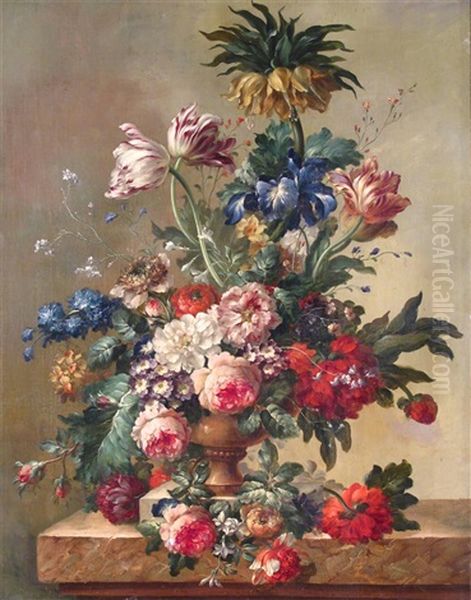 Still Life Of Flowers In An Urn On A Ledge Oil Painting by Georgius van Os