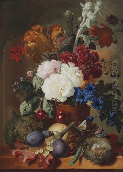 An Exuberant Flower Still Life With Roses, An Orange And Red Velvet Flower And Various Other Flowers In A Vase, Cherries, Plumps, Butterflies And A Nest With Eggs, All On A Marble Ledge Oil Painting by Georgius van Os
