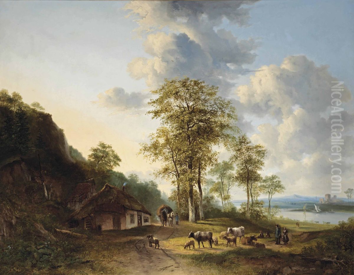 An Extensive River Landscape With Farmers And Cattle Oil Painting by Georgius van Os